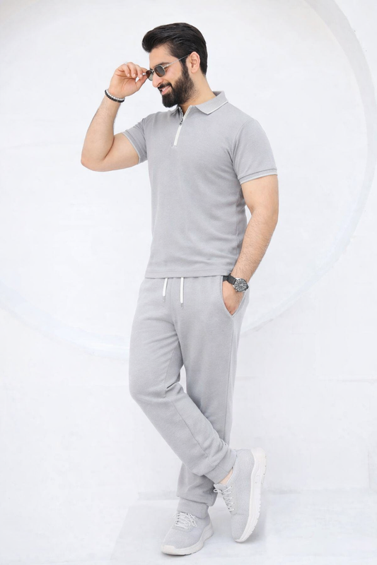 Light Grey Zipper Polo Tracksuit – Premium Slim Fit Summer Set for Men - Genzy Official