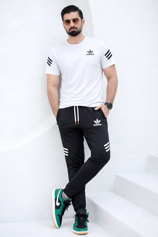 Premium Adidas Style White & Black Dri-Fit Tracksuit for Men in Pakistan | Slim Fit Gym Wear