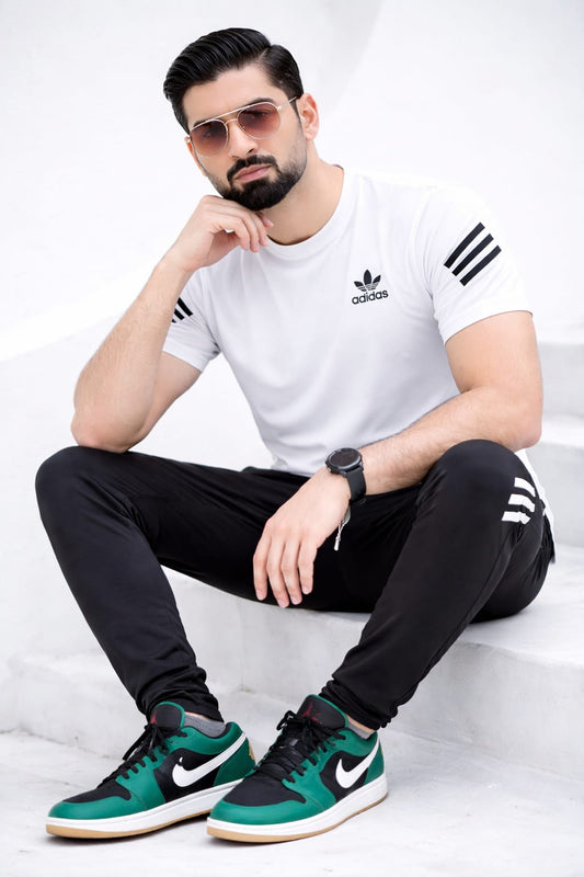 Premium Adidas Style White & Black Dri-Fit Tracksuit for Men in Pakistan | Slim Fit Gym Wear