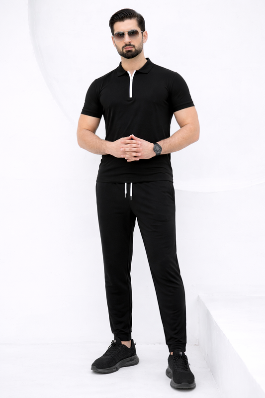 Classic Black Zipper Polo Tracksuit – Premium Slim Fit Summer Set for Men - Genzy Official