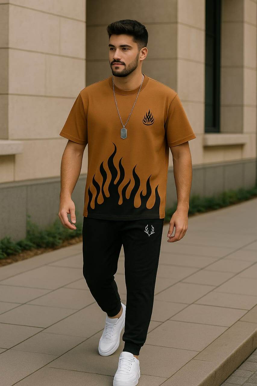 Mens 2pc Micro Plain Premium Tracksuit in Brown Fire – Shirt & Trouser Set | Stylish & Comfortable - Genzy Official