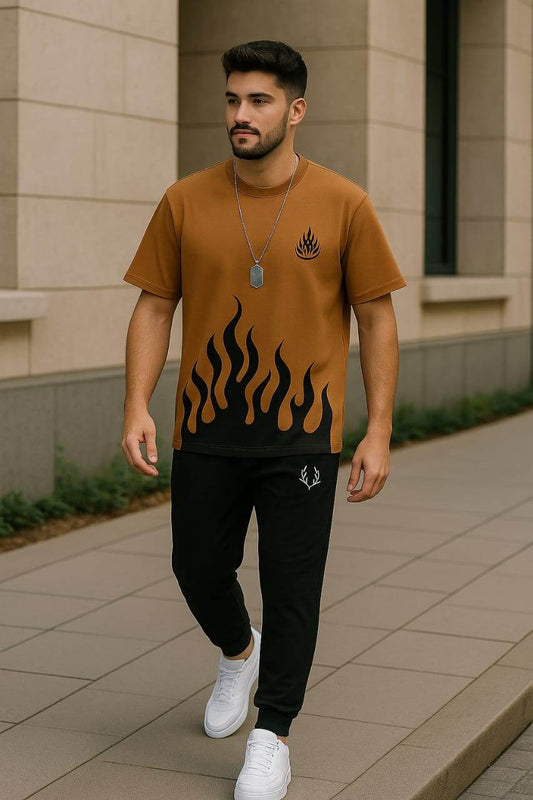 Mens 2pc Micro Plain Premium Tracksuit in Brown Fire – Shirt & Trouser Set | Stylish & Comfortable - Genzy Official