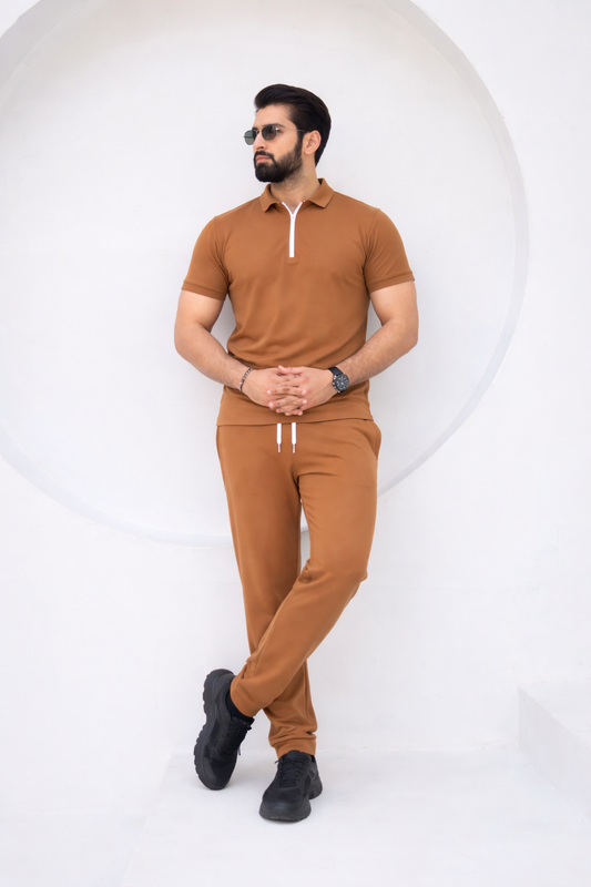 Camel Brown Zipper Polo Tracksuit – Premium Slim Fit Summer Set for Men - Genzy Official
