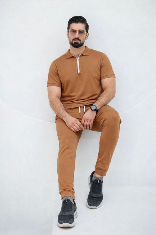 Camel Brown Zipper Polo Tracksuit – Premium Slim Fit Summer Set for Men - Genzy Official