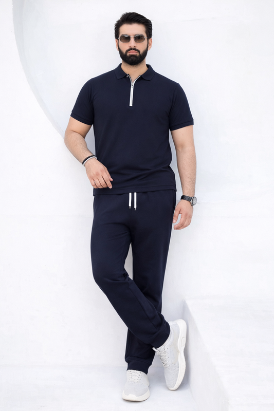 Classic Navy Blue Zipper Polo Tracksuit – Premium Slim Fit Summer Set for Men - Genzy Official