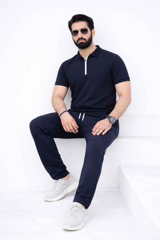 Classic Navy Blue Zipper Polo Tracksuit – Premium Slim Fit Summer Set for Men - Genzy Official