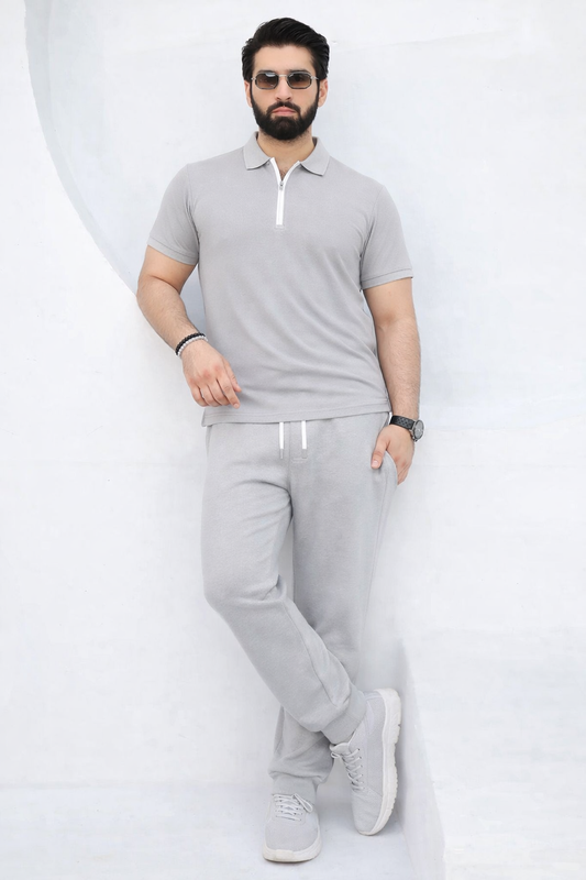 Light Grey Zipper Polo Tracksuit – Premium Slim Fit Summer Set for Men - Genzy Official