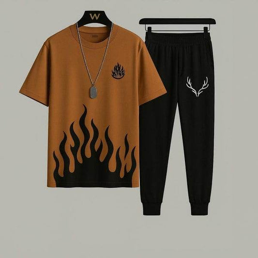 Mens 2pc Micro Plain Premium Tracksuit in Brown Fire – Shirt & Trouser Set | Stylish & Comfortable - Genzy Official